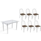 Sala De Jantar Completa Elba C/ Tampo De Vidro 120cm E 6 Cadeiras Noruega Cromada - Courano Marrom - Kappesberg