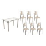 Sala De Jantar Completa Elba C/ Tampo De Vidro 120cm E 6 Cadeiras Lisboa Niquel - Courano Bege - Kappesberg