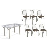 Sala De Jantar Completa Elba C/ Tampo De Vidro 140cm E 6 Cadeiras Noruega Niquel - Courano Marrom - Kappesberg
