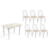 Sala De Jantar Completa Elba Tampo Madeirado C/ Vidro 120cm E 6 Cadeiras Noruega Cromada/off White - Courano Bege - Kappesberg