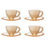 Cj 4 Xícaras P/café C/pires De Cristal Daisy Âmbar 80ml Wolff