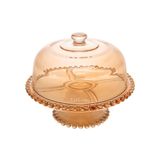 Prato P/bolo C/pé E Tampa Cristal Pearl Bolinha Âmbar 31x25cm Wolff