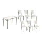 Conjunto: Mesa Sala Jantar Elba C/ Tampo De Vidro 120cm E 6 Cadeiras Lisboa Niquel - Courano Branco - Kappesberg