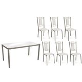 Conjunto: Mesa Sala Jantar Reno C/ Tampo De Vidro 150cm E 4 Cadeiras Florença Niquel - Courano Branco - Kappesberg