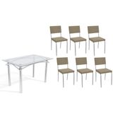 Conjunto: Mesa Sala Jantar Elba C/ Tampo De Vidro 120cm E 6 Cadeiras Zaria Cromada - Boucle Bege - Kappesberg
