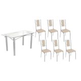 Sala De Jantar Completa Elba C/ Tampo De Vidro 150cm E 6 Cadeiras Lisboa Cromada - Courano Bege - Kappesberg