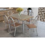 Conjunto: Mesa Sala Jantar Elba Tampo Madeirado C/ Vidro 120cm E 6 Cadeiras Holanda Cromada/freijo Bronze - Courano Capuccino - Kappesberg