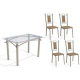 Conjunto: Mesa Sala Jantar Elba C/ Tampo De Vidro 120cm E 4 Cadeiras Florença Niquel - Courano Capuccino - Kappesberg