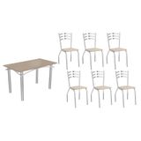 Conjunto: Mesa Sala Jantar Elba Tampo Madeirado C/ Vidro 120cm E 6 Cadeiras Portugal Cromada/freijo Bronze - Courano Bege - Kappesberg