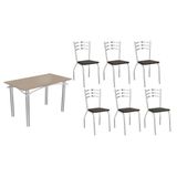 Conjunto: Mesa Sala Jantar Elba Tampo Madeirado C/ Vidro 120cm E 6 Cadeiras Portugal Cromada/freijo Bronze - Courano Preto - Kappesberg