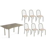 Conjunto: Mesa Sala Jantar Elba Tampo Madeirado C/ Vidro 160cm E 6 Cadeiras Noruega Niquel/freijo Bronze - Courano Bege - Kappesberg
