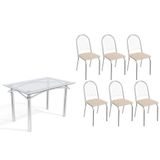 Conjunto: Mesa Sala Jantar Elba C/ Tampo De Vidro 120cm E 6 Cadeiras Noruega Cromada - Courano Bege - Kappesberg