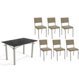 Conjunto: Mesa Sala Jantar Elba Tampo Madeirado C/ Vidro 120cm E 6 Cadeiras Zaria Niquel/preto - Boucle Bege - Kappesberg