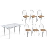 Conjunto: Mesa Sala Jantar Elba C/ Tampo De Vidro 140cm E 6 Cadeiras Noruega Cromada - Courano Capuccino - Kappesberg