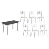 Conjunto: Mesa Sala Jantar Elba Tampo Madeirado C/ Vidro 120cm E 6 Cadeiras Portugal Cromada/preto - Courano Branco - Kappesberg