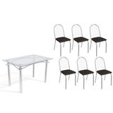 Conjunto: Mesa Sala Jantar Elba C/ Tampo De Vidro 120cm E 6 Cadeiras Noruega Cromada - Courano Preto - Kappesberg