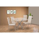 Conjunto: Mesa De Cozinha Volga C/ Tampo De Vidro 90cm E 4 Cadeiras Amsterdã Niquel - Courano Bege - Kappesberg