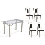 Conjunto: Mesa De Cozinha Elba C/ Tampo De Vidro 120cm E 4 Cadeiras Florença Niquel - Courano Preto - Kappesberg