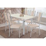 Conjunto: Mesa Sala Jantar Elba Tampo Madeirado C/ Vidro 160cm E 6 Cadeiras Lisboa Cromada/off White - Courano Bege - Kappesberg