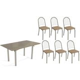Conjunto: Mesa Sala Jantar Elba Tampo Madeirado C/ Vidro 160cm E 6 Cadeiras Noruega Niquel/freijo Bronze - Courano Capuccino - Kappesberg