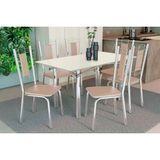 Conjunto: Mesa De Cozinha Elba Tampo Madeirado C/ Vidro 160cm E 6 Cadeiras Florença Cromada/off White - Courano Bege - Kappesberg