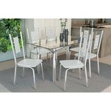 Conjunto: Mesa Sala Jantar Elba C/ Tampo De Vidro 140cm E 6 Cadeiras Florença Cromada - Courano Branco - Kappesberg