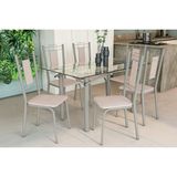 Conjunto: Mesa Sala Jantar Elba C/ Tampo De Vidro 140cm E 6 Cadeiras Florença Niquel - Courano Bege - Kappesberg