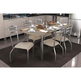 Conjunto: Mesa Sala Jantar Elba Tampo Madeirado C/ Vidro 160cm E 6 Cadeiras Portugal Cromada/freijo Bronze - Courano Bege - Kappesberg