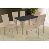 Conjunto: Mesa Sala Jantar Elba Tampo Madeirado C/ Vidro 120cm E 6 Cadeiras Amsterdã Niquel/preto - Courano Bege - Kappesberg