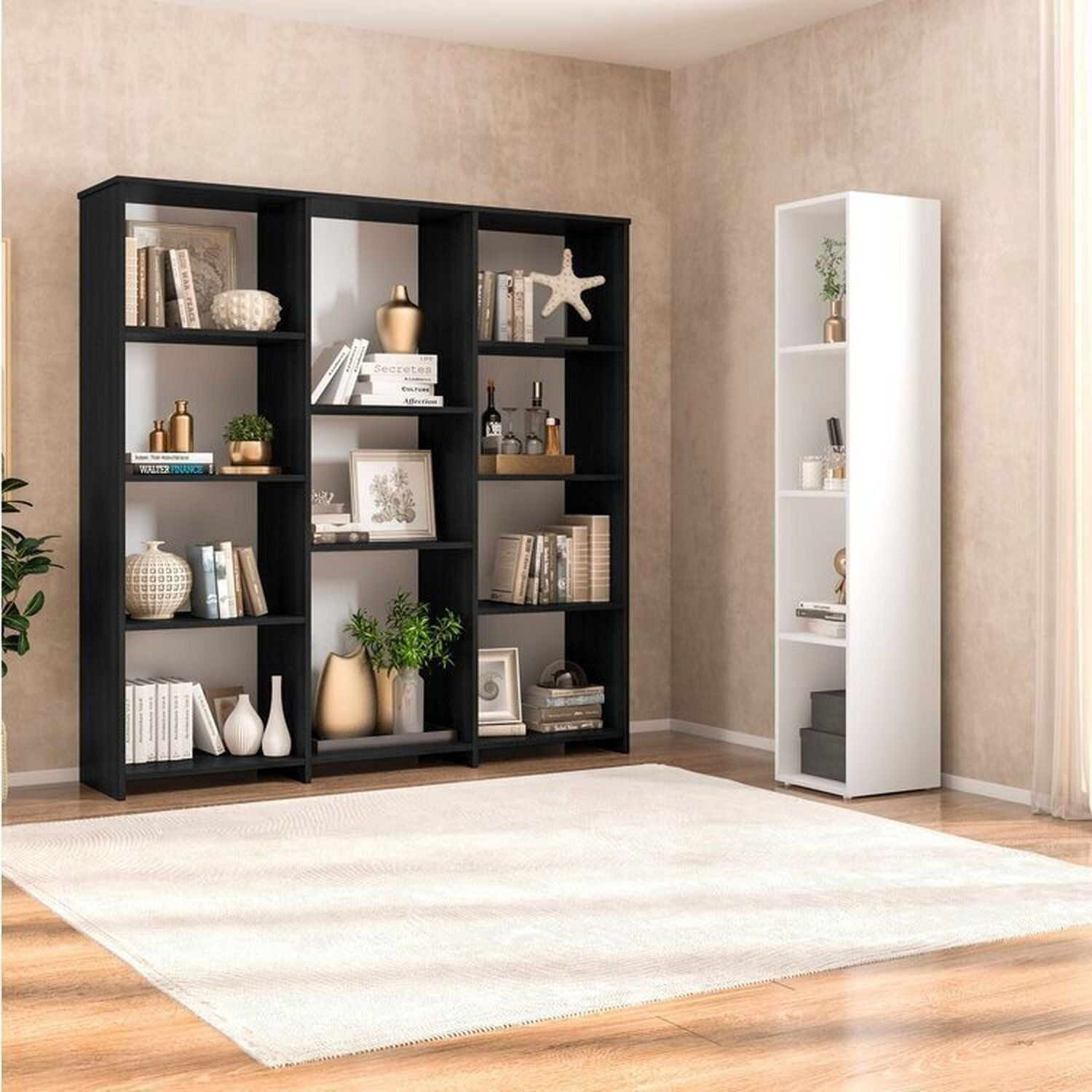 Kit Com 1 Estante Multiuso 11 Nichos Odelia E 1 Estante Para Livros 4 Nichos Delta Preto/branco