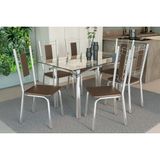 Conjunto: Mesa Sala Jantar Elba C/ Tampo De Vidro 140cm E 6 Cadeiras Florença Cromada - Courano Marrom - Kappesberg