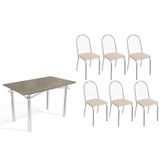 Conjunto: Mesa Sala Jantar Elba Tampo Madeirado C/ Vidro 120cm E 6 Cadeiras Noruega Cromada/freijo Bronze - Courano Bege - Kappesberg