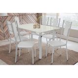 Conjunto: Mesa Sala Jantar Elba Tampo Madeirado C/ Vidro 120cm E 6 Cadeiras Lisboa Cromada/off White - Courano Branco - Kappesberg