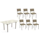Conjunto: Mesa Sala Jantar Elba Tampo Madeirado C/ Vidro 160cm E 6 Cadeiras Zaria Niquel/off White - Boucle Bege - Kappesberg