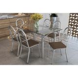 Conjunto: Mesa De Cozinha Elba C/ Tampo De Vidro 140cm E 6 Cadeiras Holanda Cromada - Courano Marrom - Kappesberg
