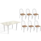 Conjunto: Mesa Sala Jantar Elba Tampo Madeirado C/ Vidro 160cm E 6 Cadeiras Noruega Cromada/off White - Courano Capuccino - Kappesberg
