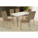 Conjunto: Mesa Sala Jantar Elba Tampo Madeirado C/ Vidro 120cm E 6 Cadeiras Amsterdã Niquel/off White - Courano Capuccino - Kappesberg