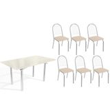 Conjunto: Mesa Sala Jantar Elba Tampo Madeirado C/ Vidro 160cm E 6 Cadeiras Noruega Cromada/off White - Courano Bege - Kappesberg