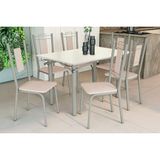 Conjunto: Mesa Sala Jantar Elba Tampo Madeirado C/ Vidro 120cm E 6 Cadeiras Florença Niquel/off White - Courano Bege - Kappesberg