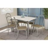 Conjunto: Mesa Sala Jantar Elba Tampo Madeirado C/ Vidro 120cm E 6 Cadeiras Noruega Niquel/off White - Courano Capuccino - Kappesberg
