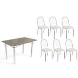 Conjunto: Mesa Sala Jantar Elba Tampo Madeirado C/ Vidro 120cm E 6 Cadeiras Noruega Cromada/freijo Bronze - Courano Branco - Kappesberg