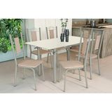 Conjunto: Mesa Sala Jantar Elba Tampo Madeirado C/ Vidro 160cm E 6 Cadeiras Florença Niquel/off White - Courano Bege - Kappesberg