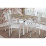 Conjunto: Mesa Sala Jantar Elba Tampo Madeirado C/ Vidro 120cm E 6 Cadeiras Lisboa Cromada/freijo Bronze - Courano Branco - Kappesberg