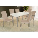 Conjunto: Mesa Sala Jantar Elba Tampo Madeirado C/ Vidro 160cm E 6 Cadeiras Amsterdã Niquel/off White - Courano Bege - Kappesberg