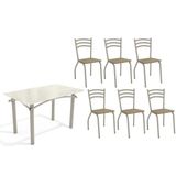 Conjunto: Mesa Sala Jantar Elba Tampo Madeirado C/ Vidro 120cm E 6 Cadeiras Portugal Niquel/off White - Courano Capuccino - Kappesberg