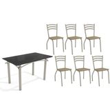 Conjunto: Mesa Sala Jantar Elba Tampo Madeirado C/ Vidro 120cm E 6 Cadeiras Portugal Niquel/preto - Courano Capuccino - Kappesberg