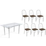 Conjunto: Mesa De Cozinha Elba C/ Tampo De Vidro 140cm E 6 Cadeiras Noruega Cromada - Courano Marrom - Kappesberg