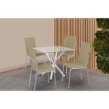 Conjunto: Mesa Sala Jantar Volga C/ Tampo De Vidro 90cm E 4 Cadeiras Amsterdã Cromada - Courano Capuccino - Kappesberg