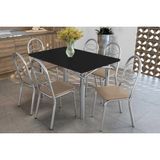 Conjunto: Mesa Sala Jantar Elba Tampo Madeirado C/ Vidro 120cm E 6 Cadeiras Holanda Cromada/preto - Courano Bege - Kappesberg