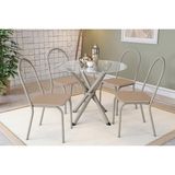 Conjunto: Mesa De Cozinha Volga C/ Tampo De Vidro 95cm E 4 Cadeiras Noruega Niquel - Courano Bege - Kappesberg